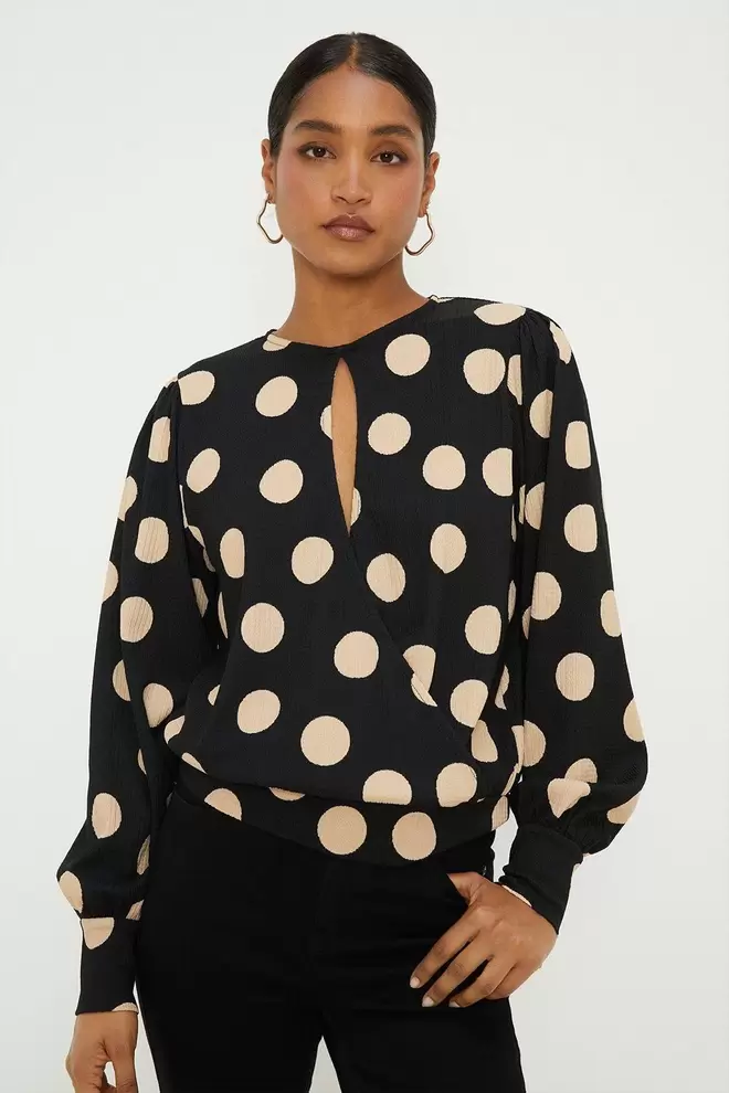 Spot Key Hole Wrap Long Sleeve Top offers at £14 in Dorothy Perkins