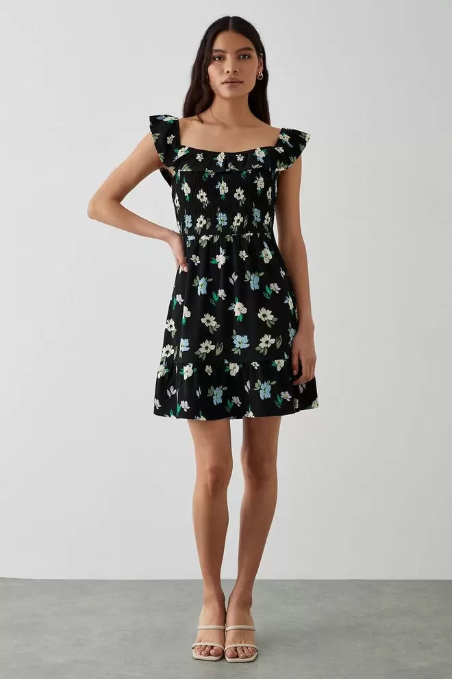 Large Floral Shirred Bardot Mini Dress offers at £10.5 in Dorothy Perkins