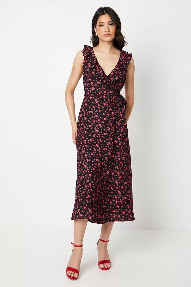 Pink Ditsy Floral Frill Neck Detail Wrap Midi Dress offers at £12 in Dorothy Perkins