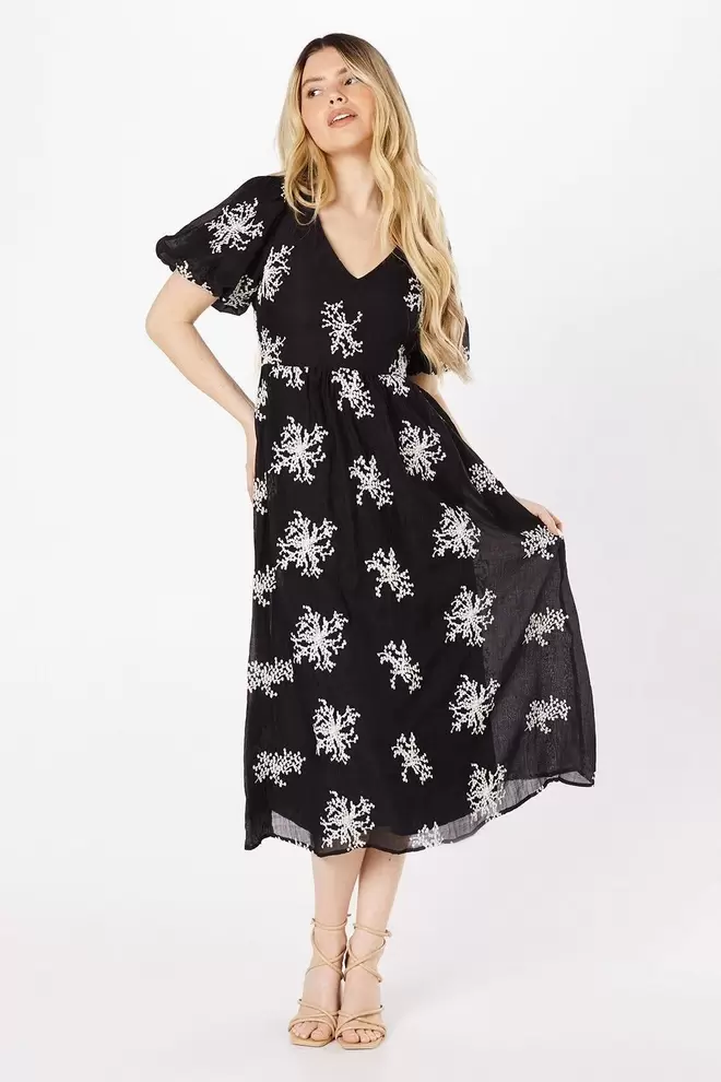 Embroidered V Neck Puff Sleeve Midi Dress offers at £20 in Dorothy Perkins