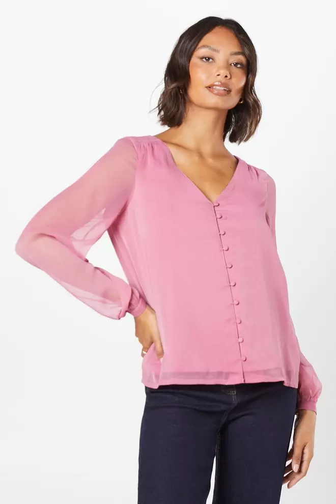 Chiffon Shirred Shoulder Long Sleeve Blouse offers at £11.6 in Dorothy Perkins