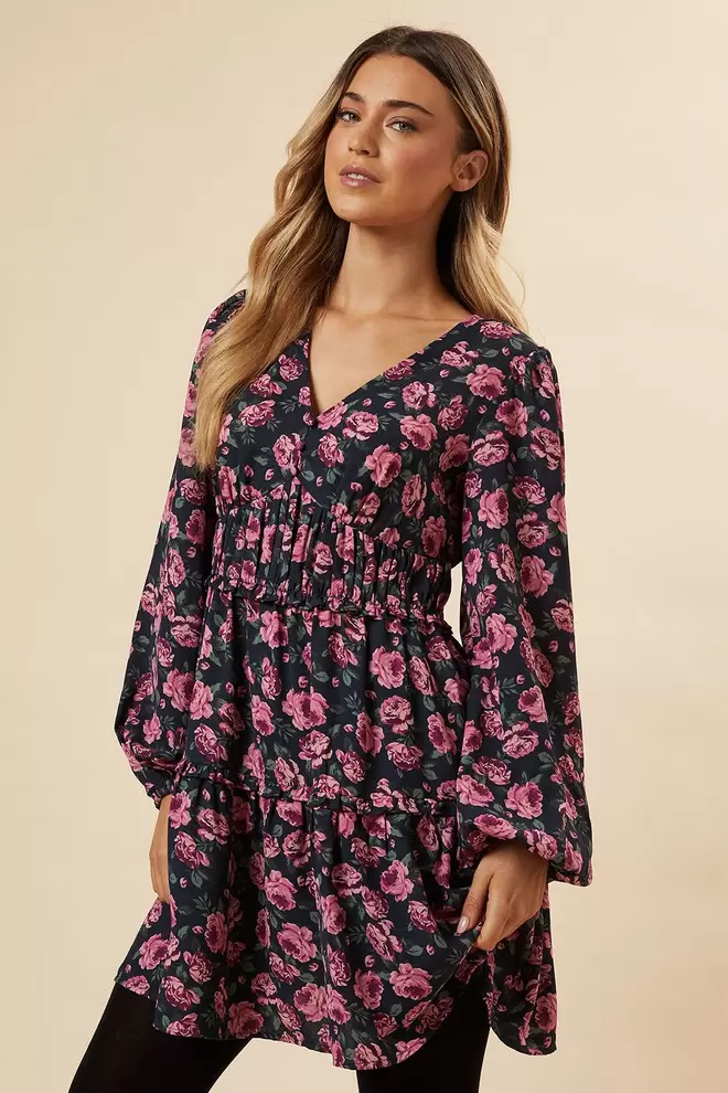 Pink Ditsy Rose Button Front Tiered Long Sleeve Mini Dress offers at £17.55 in Dorothy Perkins