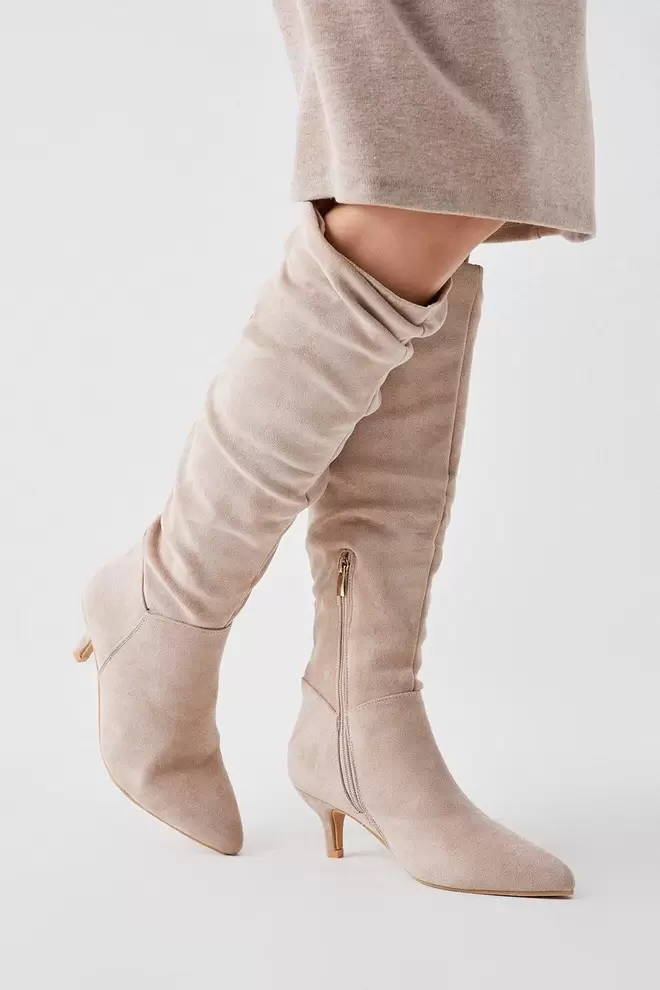 Khloe Knee High Low Heel Ruched Boots offers at £32.5 in Dorothy Perkins