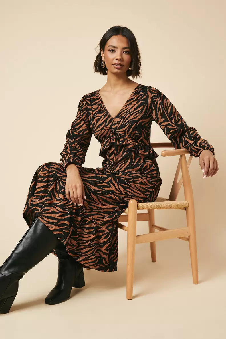 Animal Tie Front Ruffle Bust Long Sleeve Midi Dress offers at £17.55 in Dorothy Perkins