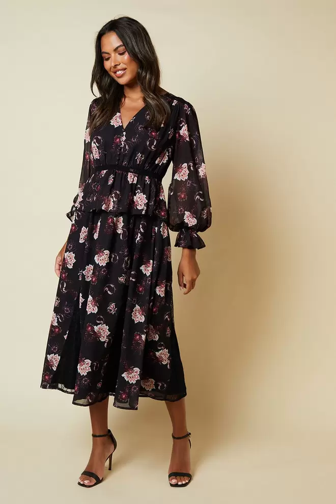 Floral Lace Skirt Long Sleeve Midi Dress offers at £41.4 in Dorothy Perkins