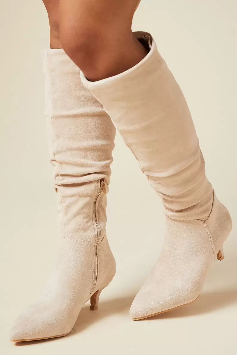 Wide Fit Khloe Knee High Low Heel Ruched Boots offers at £32.5 in Dorothy Perkins