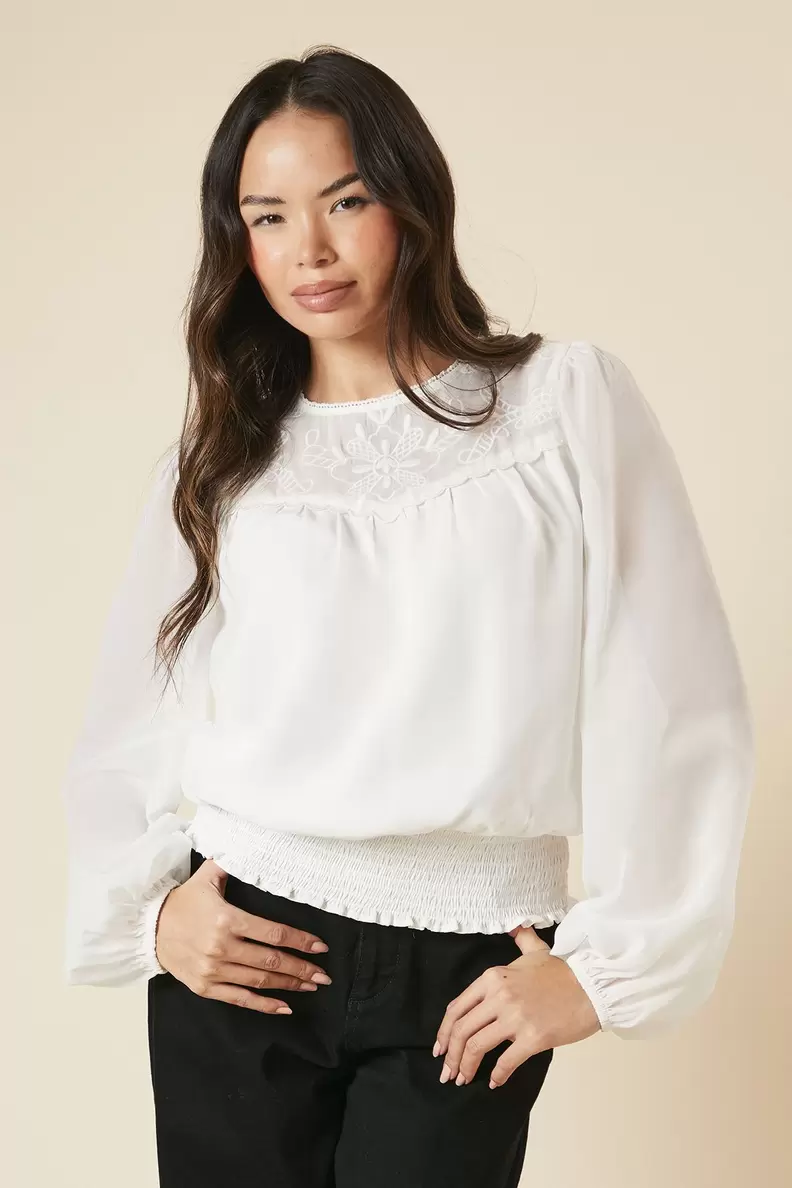 Embroidered Shirred Hem Long Sleeve Blouse offers at £14 in Dorothy Perkins