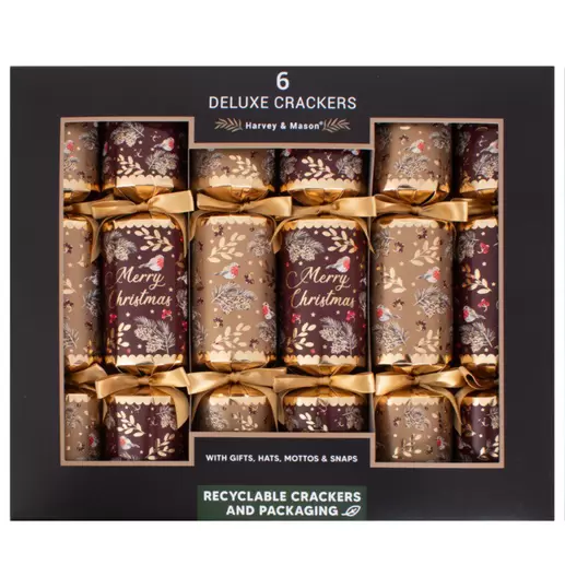 Harvey & Mason 6 Deluxe Burgundy Robin Christmas Crackers offers at £9.99 in Hillier Garden Centres