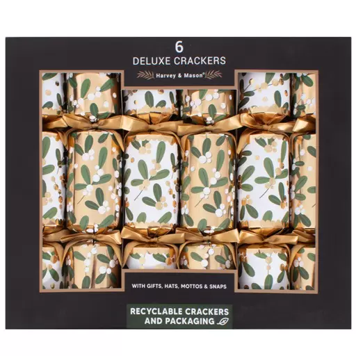 Harvey & Mason 6 Deluxe Gold Mistletoe Christmas Crackers offers at £9.99 in Hillier Garden Centres