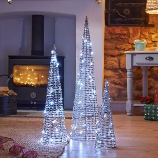 Three Kings Set of 3 Light Up Glitter Twist Tree Christmas Decorations – Silver offers at £34.99 in Hillier Garden Centres