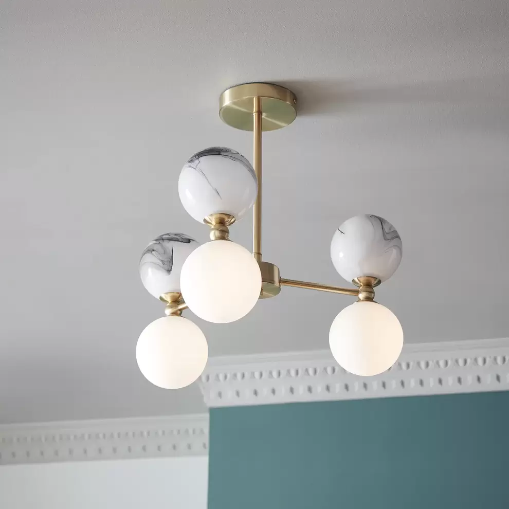 House Beautiful Delta 3 Light Marble Pendant - Brass & Opal offers at £40 in Homebase