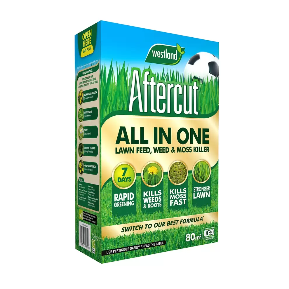 Aftercut All in One Lawn Feed, Weed & Moss Killer 80m² Box offers at £8.4 in Homebase