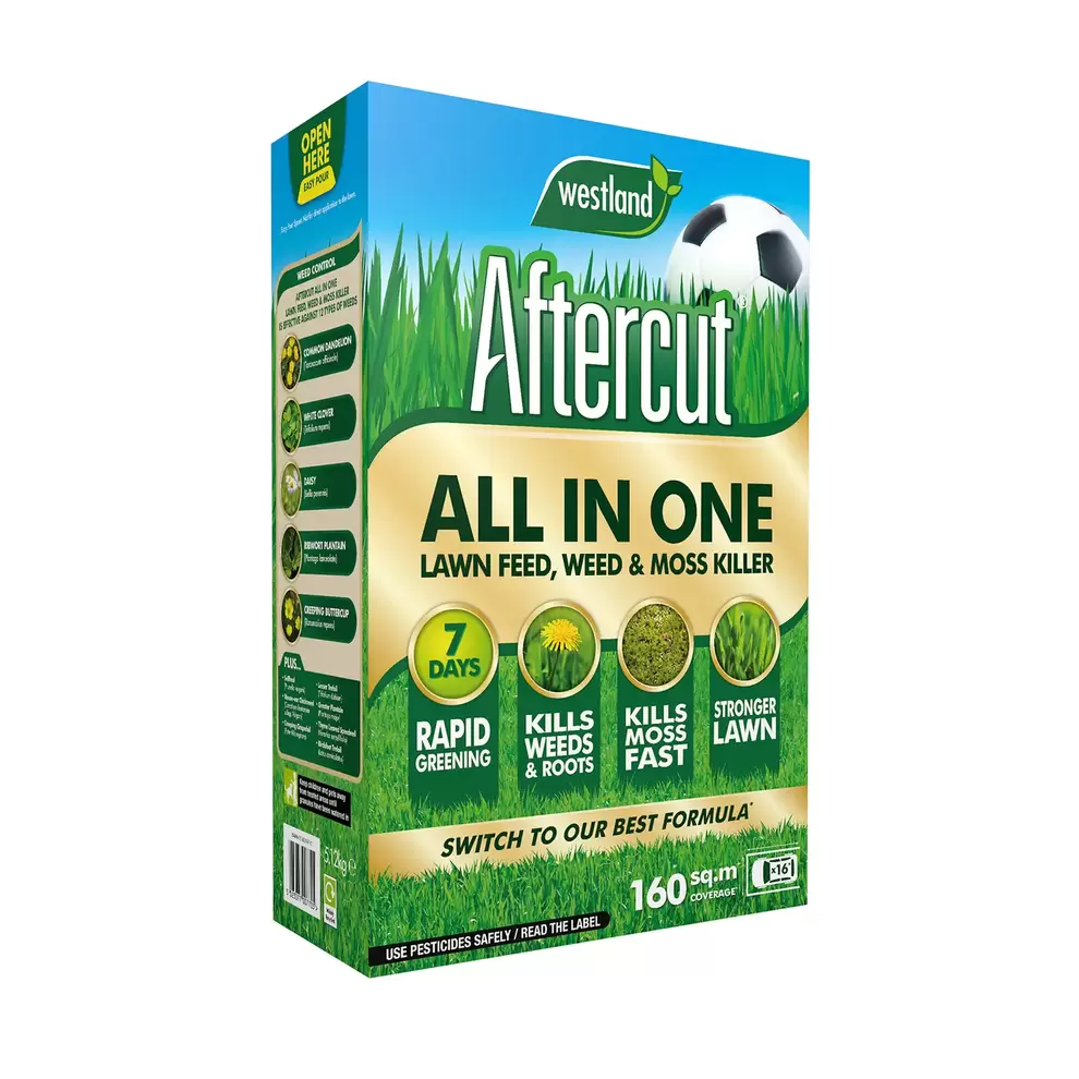 Aftercut All In One Lawn Feed, Weed & Moss Killer 160m2 Box offers at £14 in Homebase