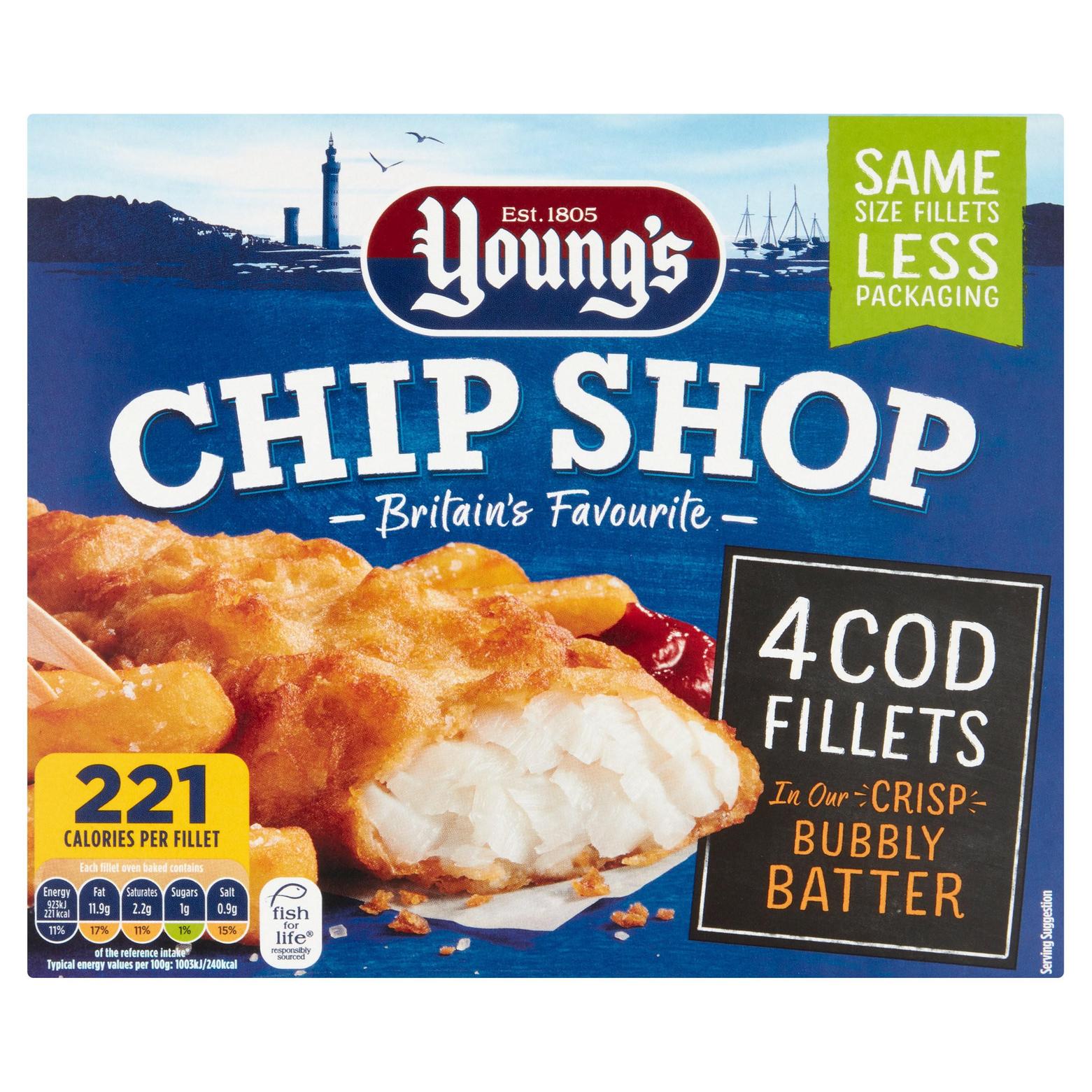 Young's Chip Shop 4 Cod Fillets 400g offers at £4.95 in Iceland