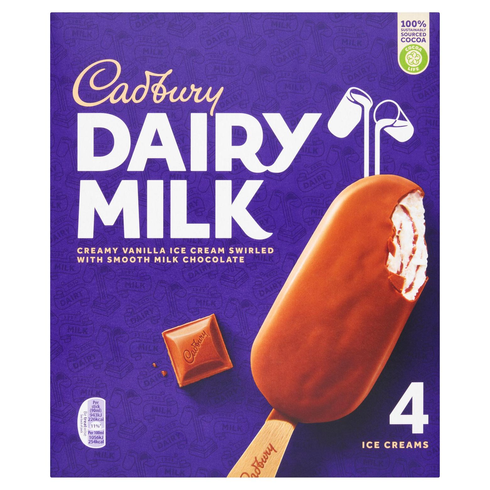 Cadbury Dairy Milk Ice Creams 4 x 90ml (360ml) offers at £3.5 in Iceland