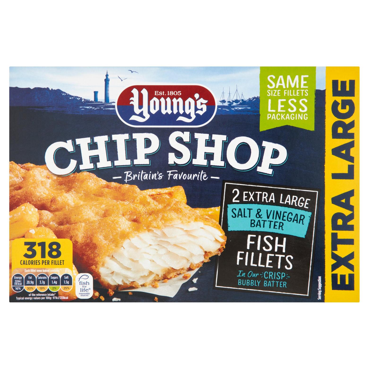 Young's Chip Shop 2 Extra Large Salt & Vinegar Batter Fish Fillets 300g offers at £3.5 in Iceland