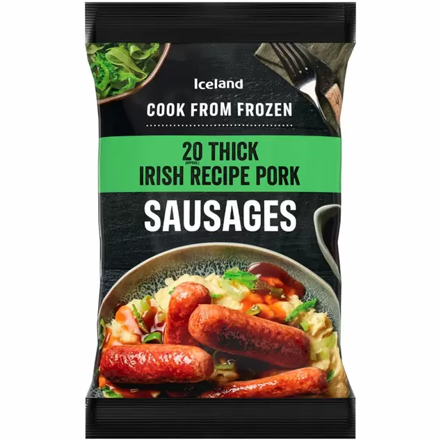 Iceland 20 (approx.) Thick Irish Recipe Pork Sausages 1kg offers at £3.5 in Iceland