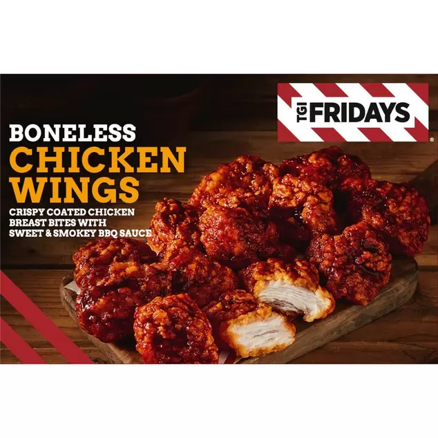 TGI Fridays Boneless Chicken Wings Crispy Coated Chicken Breast Bites with Sweet & Smokey BBQ Sauce 400g offers at £4 in Iceland