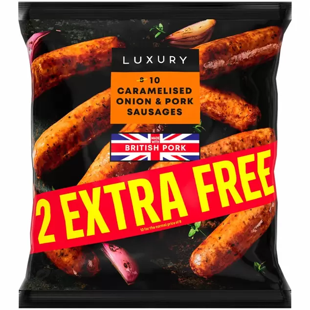 Iceland Luxury 10 Caramelised Onion & Pork Sausages 600g offers at £3.5 in Iceland